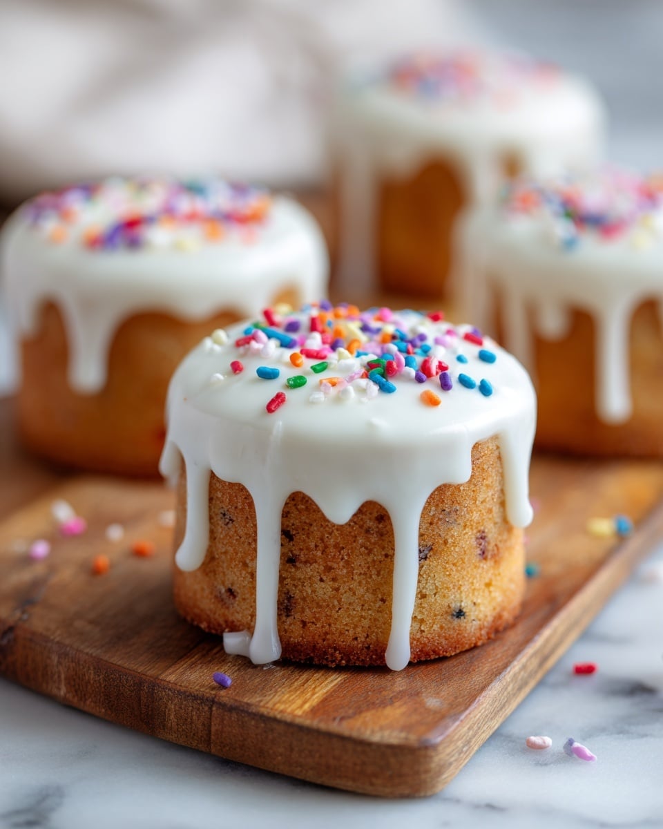 The image shows a close-up of four round, golden-brown cakes with a slightly rough texture and visible small dark spots, placed on a wooden board. Each cake is topped with a thick, smooth layer of white icing that drips slightly over the edges, creating a soft, uneven border. The icing is decorated with small, colorful sprinkles in red, green, yellow, purple, blue, orange, and white, scattered randomly across the surface. The background features a white marbled texture, softly blurred to keep the focus on the cakes. photo taken with an iphone --ar 4:5 --v 7