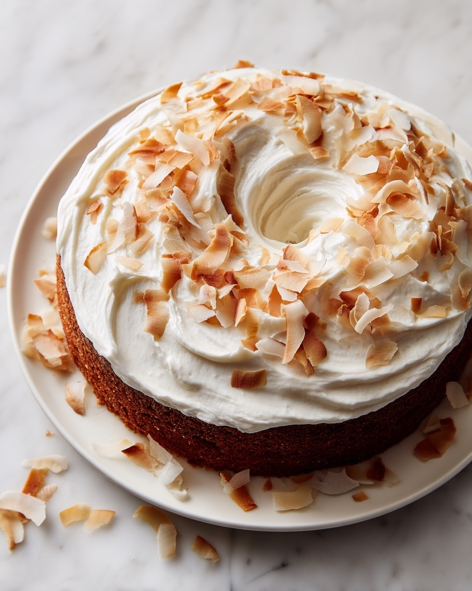 A round chocolate bundt cake with one thick layer, topped with a thick white creamy frosting spread evenly over the top and sides. On top of the frosting, there are many toasted coconut flakes scattered all around, adding a rough texture and lightly browned spots. The cake sits on a white plate, set against a white marbled surface. Some toasted coconut flakes are also scattered on the plate around the cake. photo taken with an iphone --ar 4:5 --v 7