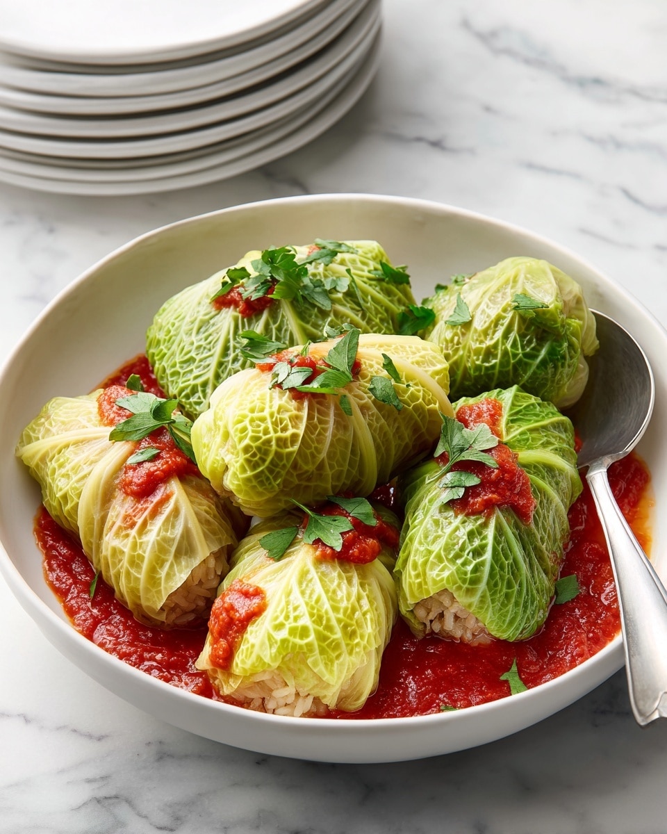A white shallow bowl holds six cabbage rolls arranged in a loose circle, each roll wrapped in bright green cabbage leaves slightly translucent near the edges. The rolls sit in a layer of rich red tomato sauce that pools around them, with some sauce drizzled over the tops. Small bits of fresh green herbs are sprinkled over the rolls, adding contrast. A metallic spoon rests beside the rolls inside the bowl. The dish is placed on a white marbled surface with a small bowl of chopped herbs and stacked white plates blurred in the background. Photo taken with an iphone --ar 4:5 --v 7