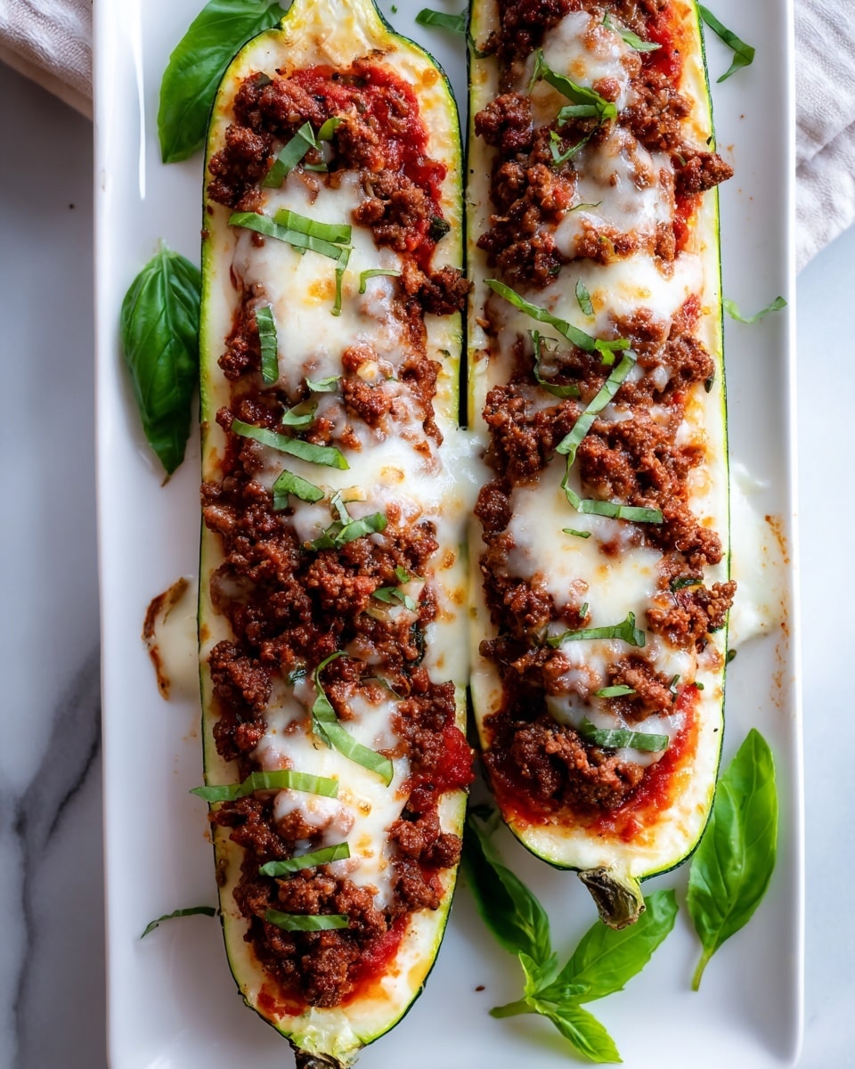 A white rectangular plate holds three zucchini boats, each cut lengthwise and hollowed out. The bottom layer inside the zucchini is a smooth, bright red tomato sauce. On top of the sauce, there is a thick layer of cooked ground meat mixed with small pieces of vegetables, showing a rich brown color and crumbly texture. The final top layer is melted white cheese, slightly browned and gooey, covering the meat partially. Fresh green basil leaves are scattered on and around the boats, adding a fresh touch. The plate sits on a white marbled surface. Photo taken with an iphone --ar 4:5 --v 7