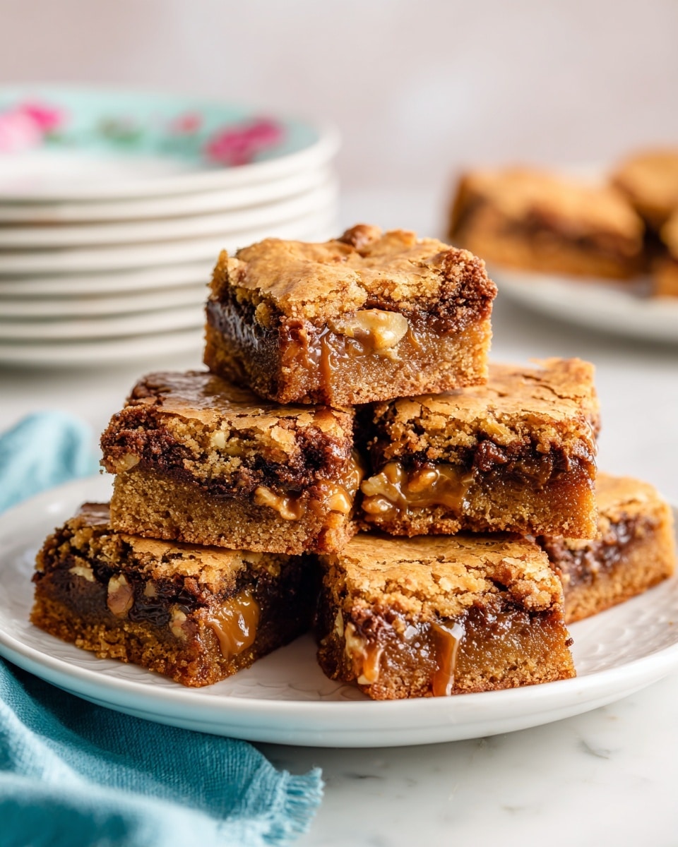 A stack of gooey blondies arranged on a white plate on a white marbled surface, cut into square pieces with two layers visible: the top layer is a dry, slightly cracked golden-brown crust with walnut pieces embedded and the bottom layer is a moist, caramel-colored thick filling with visible nuts and chocolate chunks. The blondies appear dense and chewy with some caramel drizzle on top. A soft blue cloth is partially visible at the bottom left. In the background, there are blurred white plates with floral edges stacked together. Photo taken with an iphone --ar 4:5 --v 7