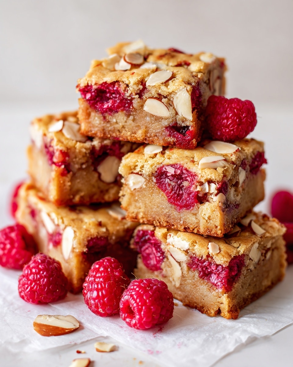 Five square pieces of raspberry blondies are stacked in a loose pile on a white marbled surface with a white paper underneath. Each blondie has one layer of thick, golden-brown cake topped with embedded whole fresh red raspberries and scattered sliced almonds on top, giving a mix of rough and smooth textures. Around the blondies, whole fresh raspberries are scattered, adding bright red spots to the scene. The top layer is slightly cracked, showing a soft, moist inside. photo taken with an iphone --ar 4:5 --v 7