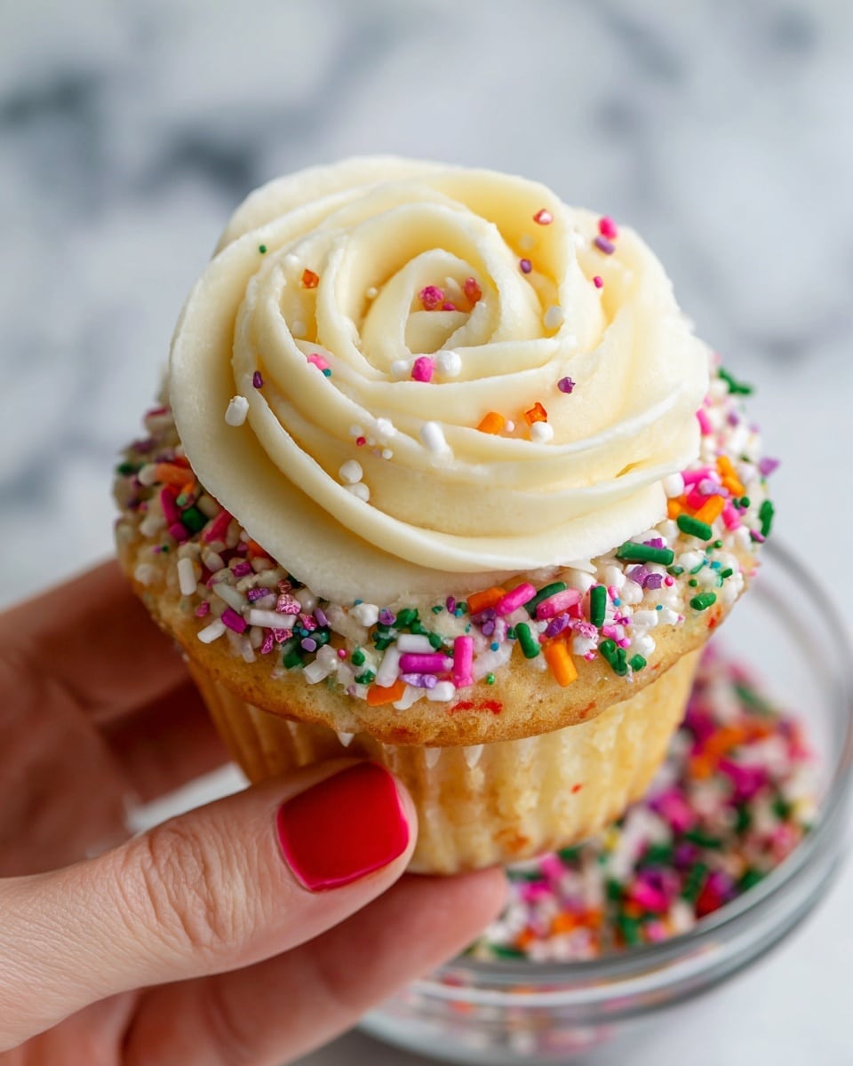 A close-up view of a single cupcake held by a woman's hand with red nail polish, showing three main layers: the light golden brown cake base, a thick swirl of smooth creamy vanilla frosting with visible tiny black specks on top, and a border of colorful round and rod-shaped sprinkles along with clear sugar crystals coating the edge where the frosting meets the cake. The cupcake is dipped into a clear glass bowl filled with more vibrant multicolored sprinkles on a white marbled surface in the background. Photo taken with an iphone --ar 4:5 --v 7