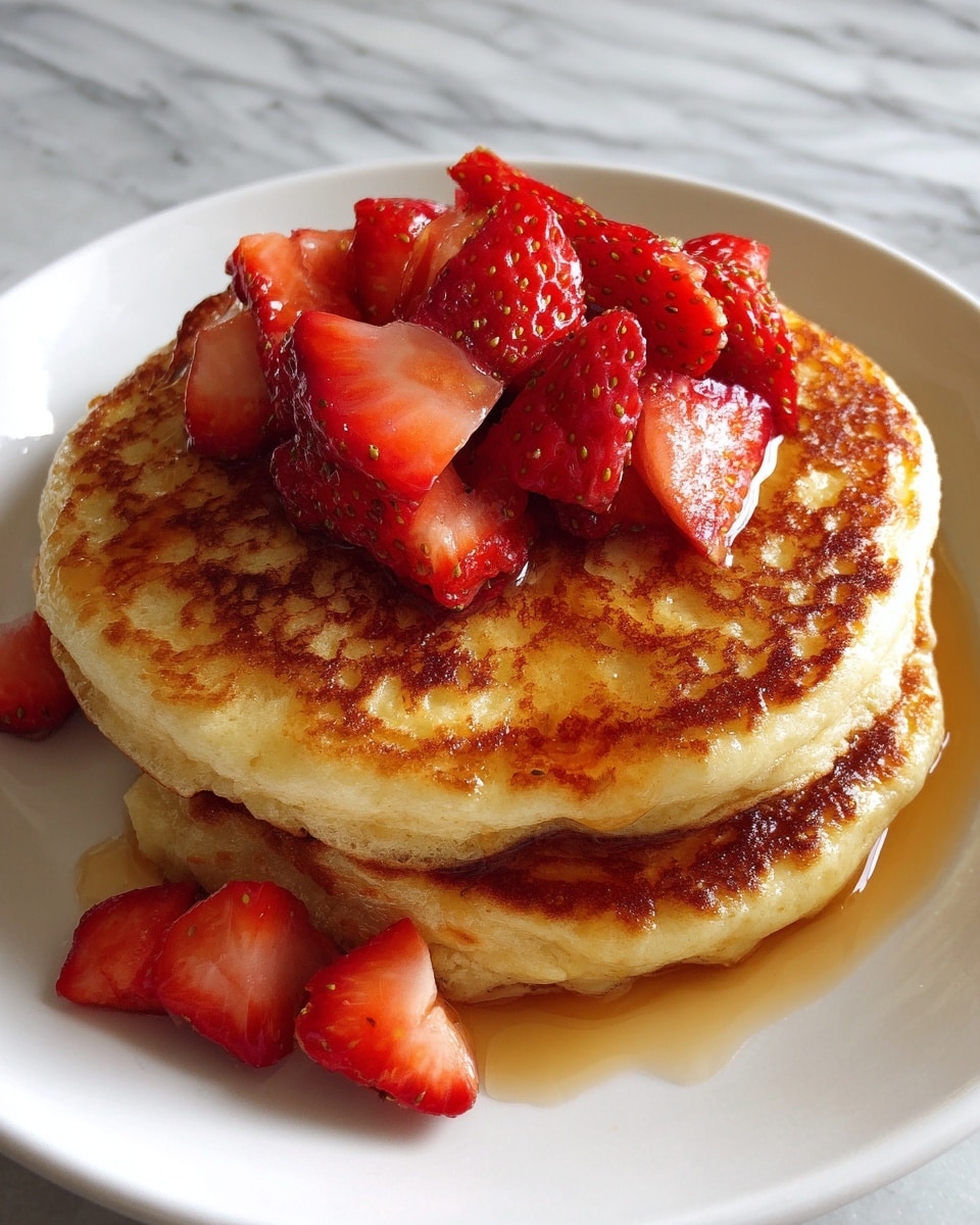 A stack of three thick pancakes with a golden-brown, slightly crispy surface sits on a white plate. On top, there is a layer of strawberry jam that glistens with a smooth texture, covered by several bright red strawberry halves arranged neatly. Around the edge of the plate, whole strawberries add a fresh, vibrant touch. The scene is set on a white marbled texture background. Photo taken with an iphone --ar 4:5 --v 7