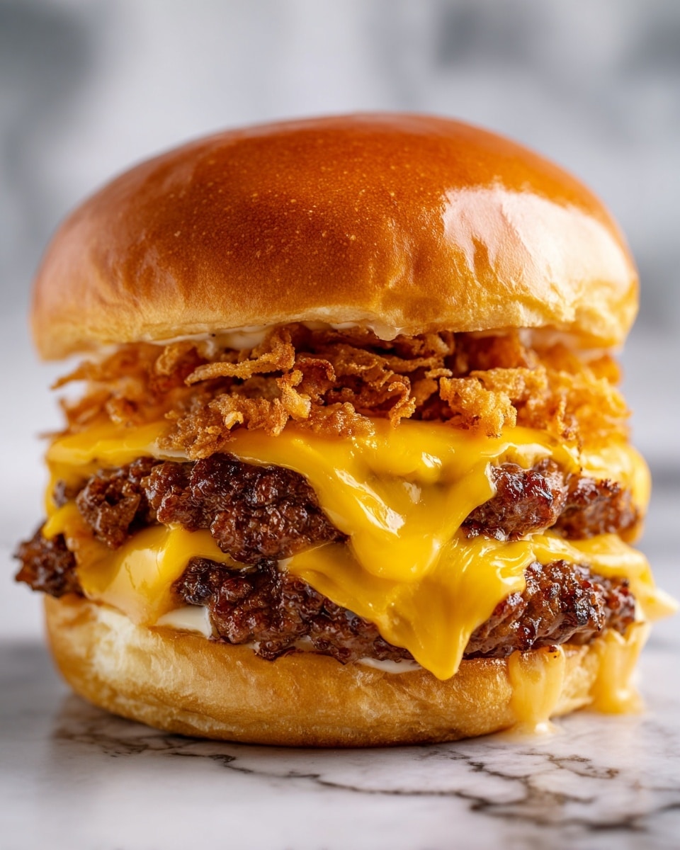 The image shows a close-up of a juicy cheeseburger with two thick, cooked beef patties stacked inside a shiny golden-brown bun. Between the patties, melted yellow cheddar cheese drapes down with a creamy texture. On top of the cheese, there are crispy fried onions adding a crunchy layer with a light golden color. The top bun is soft and slightly glossy, completing the sandwich. The background is a white marbled texture. photo taken with an iphone --ar 4:5 --v 7