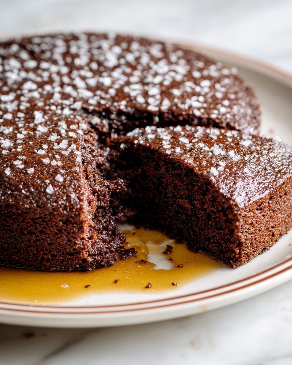 A close-up view of a thick, dark brown cake with a moist texture, topped with coarse white sugar crystals. One side of the cake has a bite taken out, revealing a dense and soft inside. The cake sits on a white plate with a thin brown border, and a pool of golden syrup is around the base, adding a shiny contrast. The background is a white marbled texture. photo taken with an iphone --ar 4:5 --v 7