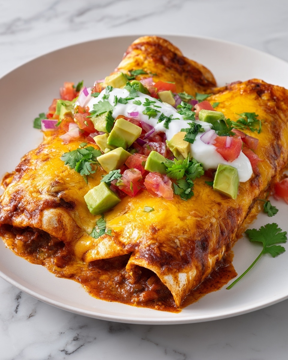 The image shows two rolled enchiladas covered with melted golden-brown cheese on a white plate. The enchiladas have a rich sauce soaked into the tortillas, making them look soft and flavorful. On top, there is a layer of white sour cream with small cubes of bright green avocado, diced red tomatoes, and pieces of purple onion. Fresh green cilantro leaves are sprinkled around the dish. The plate is placed on a white marbled surface. Photo taken with an iphone --ar 4:5 --v 7