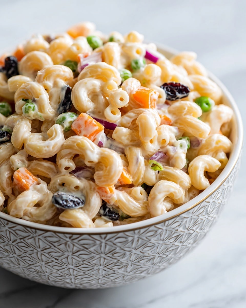 A close-up image of a curly macaroni salad served in a white patterned bowl, showing a creamy white sauce coating the small macaroni pieces. Mixed within the pasta are small cubes of orange carrot, green peas, bits of red onion, and dark blue-black raisins, adding pops of color and texture throughout the dish. The macaroni pieces have a slightly shiny surface with a smooth, creamy look from the dressing. The bowl is placed on a white marbled texture surface, creating a clean and simple background. photo taken with an iphone --ar 4:5 --v 7