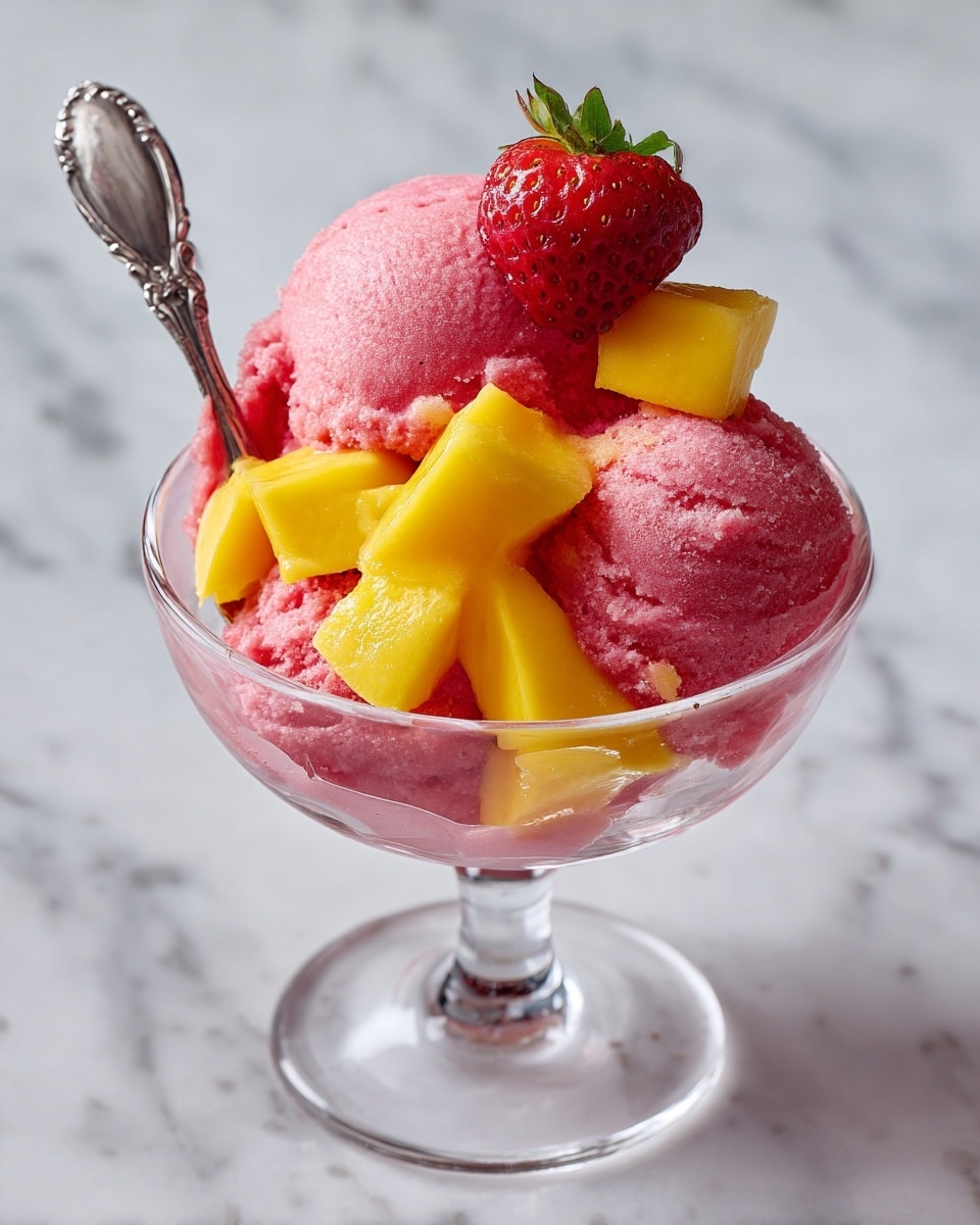 The image shows a clear glass bowl filled with three scoops of pink sorbet as the bottom layer, topped with bright yellow mango chunks and a whole red strawberry placed in the center. A silver spoon is gently scooping from the left side into the sorbet. The bowl is set on a white marbled surface. Photo taken with an iphone --ar 4:5 --v 7