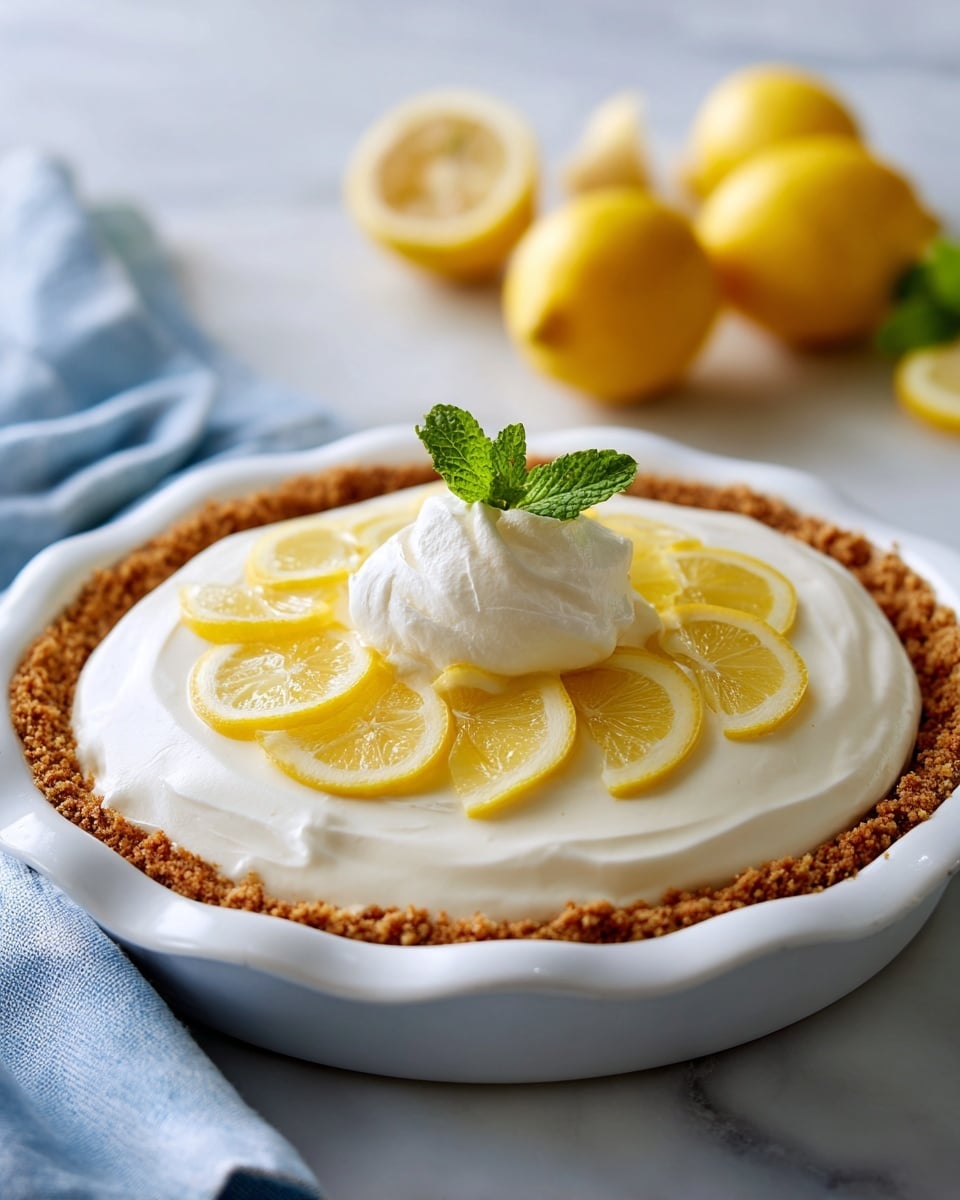 A lemon pie placed in a white pie dish sits on a soft white marbled surface. The pie has three layers: the bottom layer is a light brown crumbly crust that edges the dish, the middle layer is a smooth, bright white whipped cream spread evenly, and the top layer features a ring of thin, yellow lemon slices arranged in a circle around the pie’s edge. In the center, a small scoop of whipped cream topped with a fresh green mint leaf adds a pop of color. Whole yellow lemons and a blue and white soft cloth are blurred softly in the background, enhancing the fresh and light feel. Photo taken with an iphone --ar 4:5 --v 7