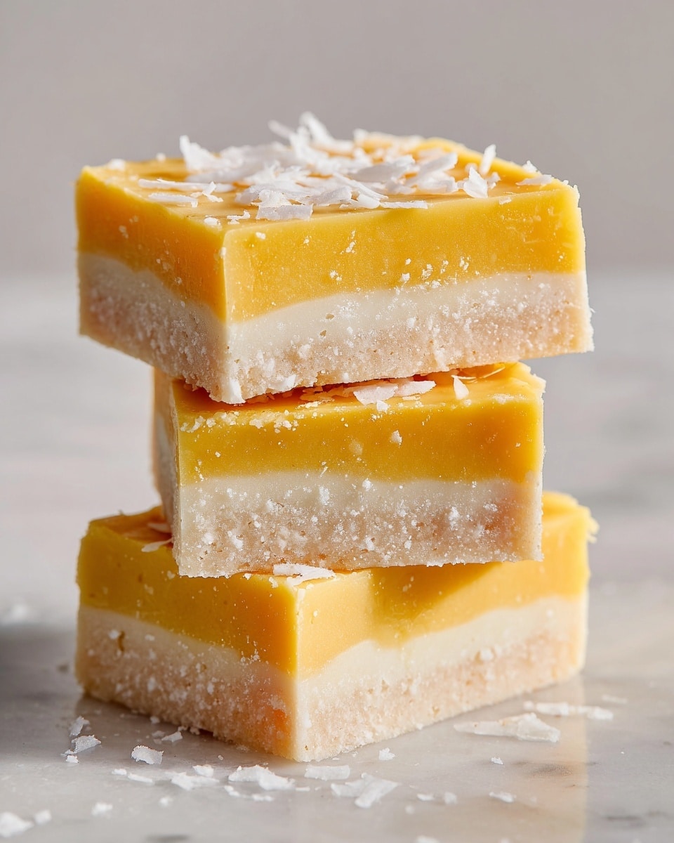The image shows three small rectangular bars stacked on a white marbled surface. Each bar has two layers: the bottom layer is pale and creamy with a smooth texture, while the top layer is bright yellow, slightly translucent with a glossy finish. Thin shredded white strands are sprinkled on the top yellow layer, adding a soft texture. The bars are slightly tilted, showing the contrast between the smooth bottom and the glossy top layers. The lighting highlights the colors and textures clearly. Photo taken with an iphone --ar 4:5 --v 7
