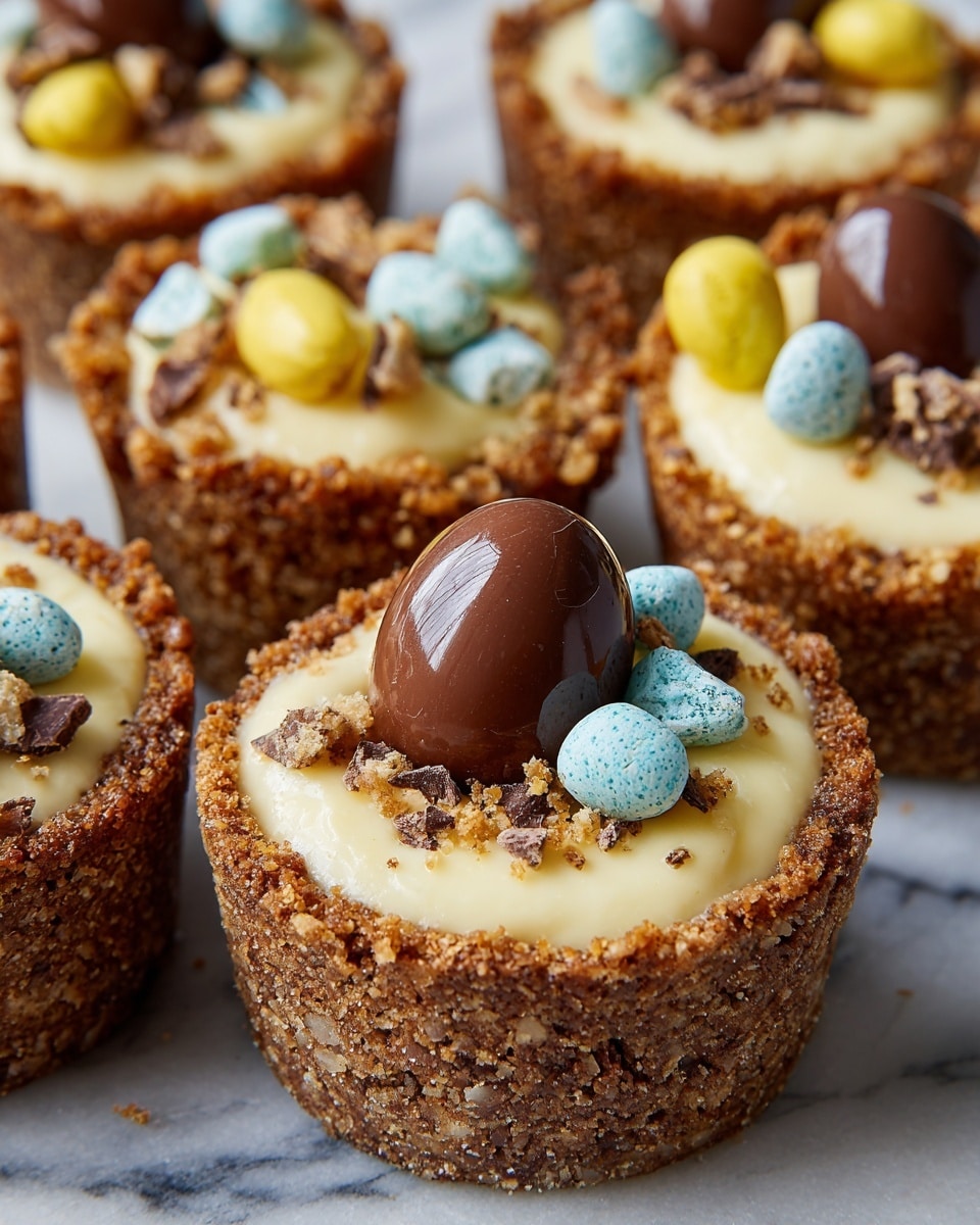 The image shows several small dessert cups arranged close together on a white marbled surface. Each cup has a crispy brown crust base with visible crumb textures. Inside, there is a thick layer of pale yellow creamy filling that looks smooth and slightly fluffy. On top of the cream layer, there are colorful small candy pieces scattered, including pastel blue and yellow candies, some crushed chocolate bits, and a single large glossy chocolate egg placed in the center. The overall look is inviting with the contrast between the rough, crumbly crust and the soft cream topped with shiny candy. photo taken with an iphone --ar 4:5 --v 7