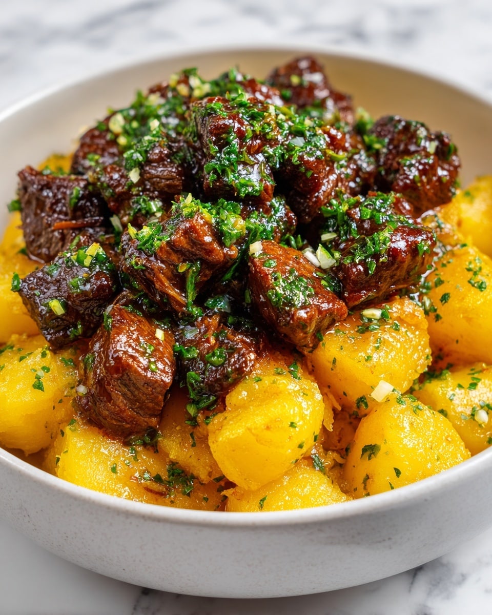 The image shows a close-up of a dish with two main layers: the bottom layer is made of golden-yellow cooked potato chunks with a smooth, slightly shiny texture and sprinkled with small pieces of green herbs, while the top layer consists of dark brown, tender beef cubes that have a glossy surface with some visible grain and moisture, also topped with green herbs. The food is placed in a white bowl set on a white marbled texture. photo taken with an iphone --ar 4:5 --v 7