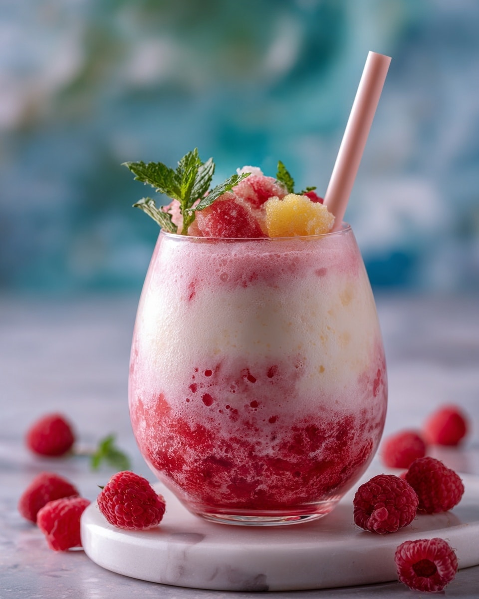 This image shows a layered drink in a clear glass with a rounded base and a slight stem. The bottom layer is a pink liquid mixed with small red raspberries floating inside. The second layer above it is creamy white, with a smooth texture, blending gently into the pink below. On top, there are frozen raspberries and small yellow chunks, garnished with green mint leaves. A pale pink straw is inserted into the drink, standing upright. The glass sits on a white marbled surface with several raspberries placed around its base. The background is softly blurred with cool blue and green tones. photo taken with an iphone --ar 4:5 --v 7