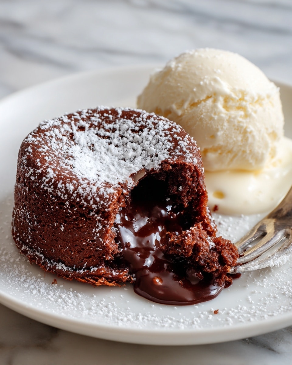The image shows a chocolate lava cake on a white plate with the center cut open, revealing thick, melted chocolate flowing out onto the plate. The cake has a dark brown color with a soft, moist texture, dusted lightly with powdered sugar on top. Next to the cake, there is a scoop of creamy vanilla ice cream, smooth and slightly melting at the edges. The scene is set on a white marbled surface, capturing a close-up view that highlights the gooey chocolate and the contrast between the cake and the ice cream. photo taken with an iphone --ar 4:5 --v 7