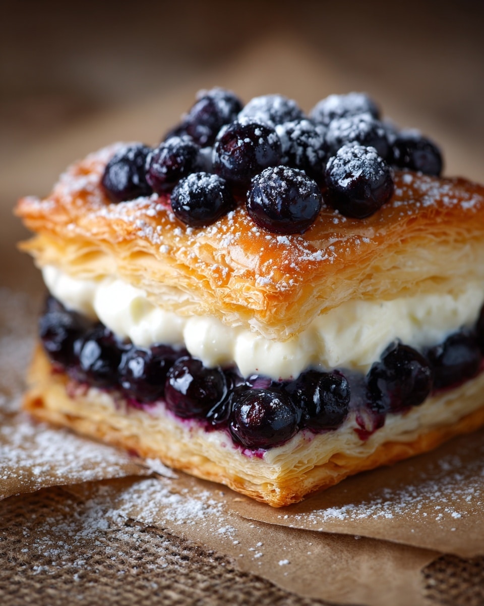 The image shows a close-up of a square-shaped pastry with two layers of golden-brown, flaky crust on the top and bottom. Between these layers is a thick, creamy white filling. On the top crust, there is a generous pile of shiny, dark blue blueberries, some of which are spilling over the edges. A light dusting of powdered sugar is sprinkled over the top layer, adding a soft white contrast to the golden crust and dark berries. The pastries rest on a textured brown surface, suggesting a rustic table or paper. photo taken with an iphone --ar 4:5 --v 7