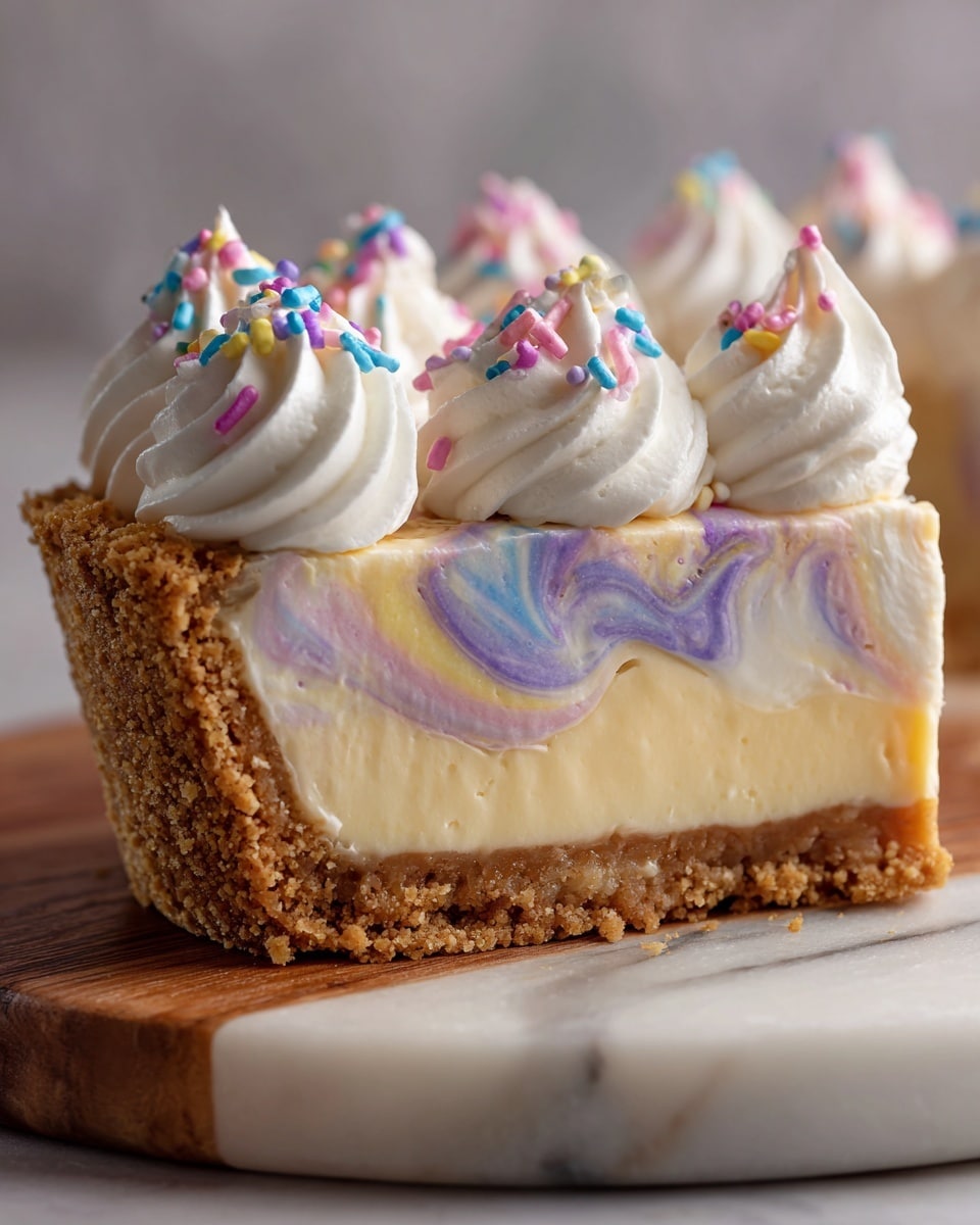 A close-up slice of a multi-layered pie rests on a wooden board, showing four distinct layers. The bottom crust is crumbly and golden brown, thick and slightly textured. Above that is a creamy yellow layer, smooth in texture. The third layer is a fluffy white cream with a light, airy feel. The topmost layer is a marbled pattern of white with swirling light brown and hints of pale purple, adding a delicate artistic touch. On top, there are several dollops of white whipped cream lined at the back edge, each topped with small colorful sprinkles in blue, pink, and yellow. In the blurred background, a white bowl filled with pastel-colored round candies can be seen on a white marbled surface. Photo taken with an iphone --ar 4:5 --v 7