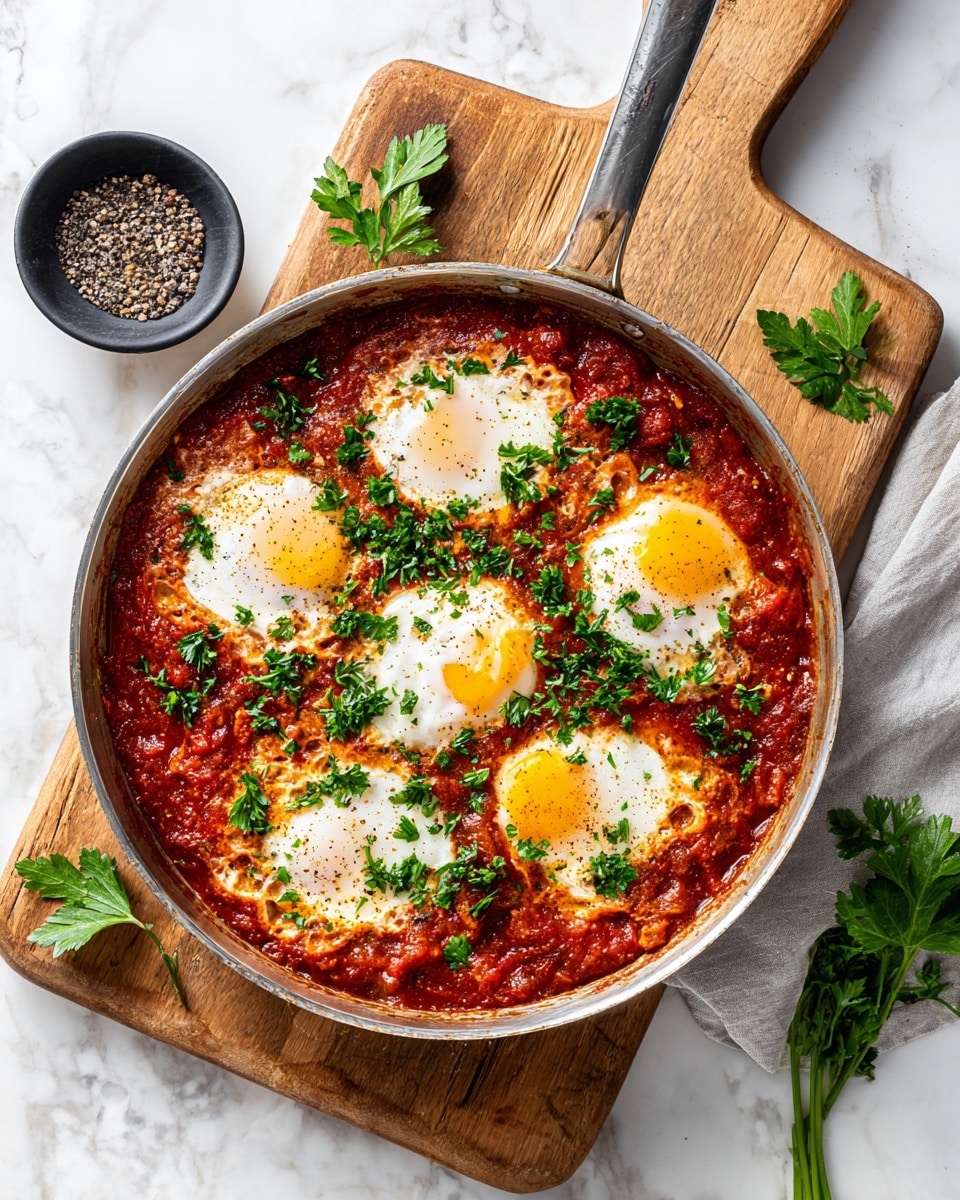 A round metal pan filled with a thick layer of rich, chunky red tomato sauce, containing visible tomato pieces and spices. On top of the sauce, five poached eggs with smooth, shiny white edges and bright yellow yolks are spaced evenly. Fresh green chopped parsley is scattered generously over the eggs and sauce, adding vibrant green color and texture. The pan rests on a wooden cutting board with some fresh parsley stems on the side, all placed on a white marbled surface. A small black bowl with cracked black pepper sits nearby. photo taken with an iphone --ar 4:5 --v 7