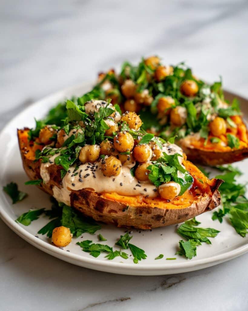 Sweet Potatoes with Tahini Butter Chickpeas for Cozy Nights Recipe