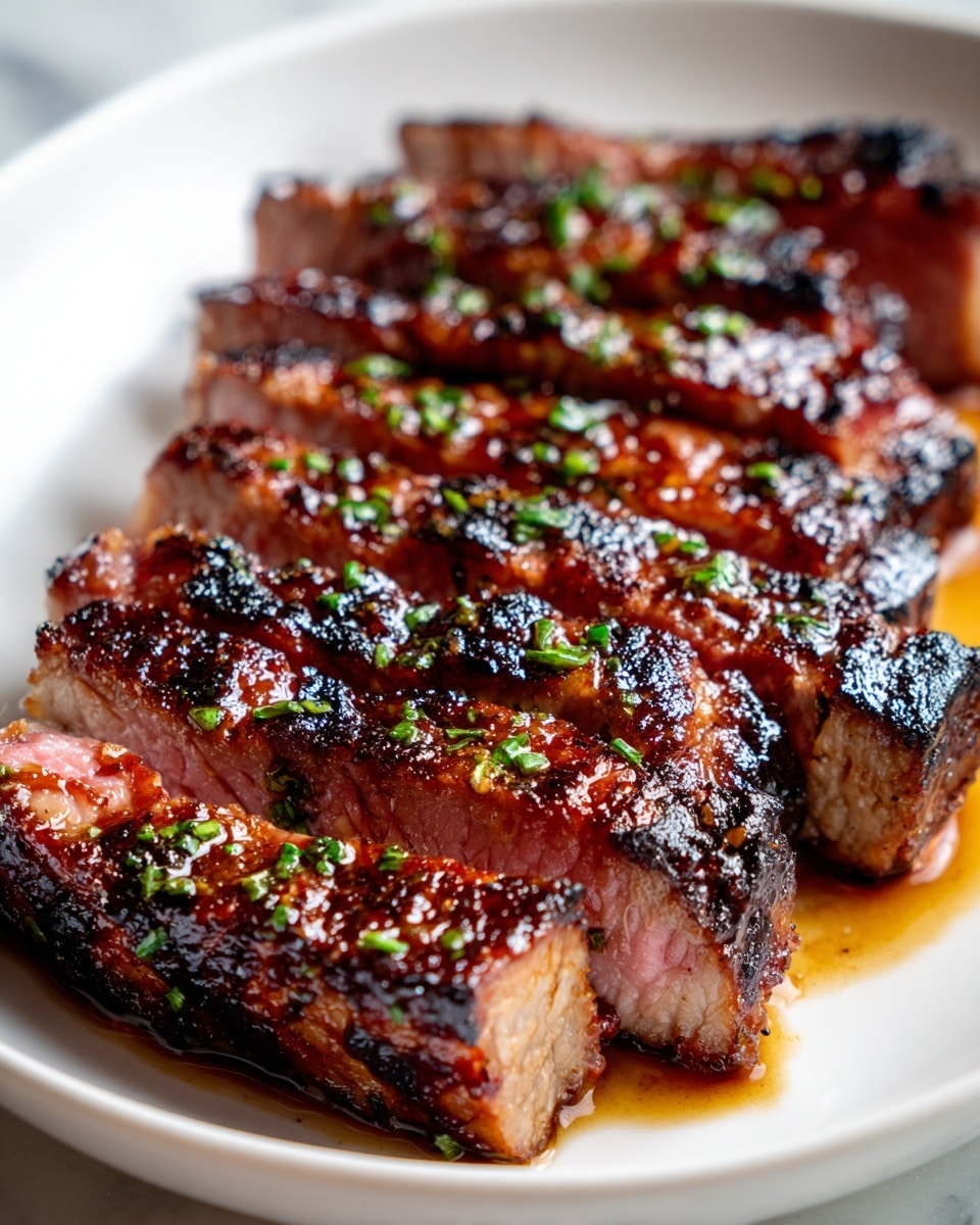 A white plate holds sliced grilled meat with a rich, dark brown glaze that shines under the light. The meat is cut into several thick slices arranged neatly in a row, showing a glistening, caramelized outer layer with edges slightly charred to dark brown and black. The inside of the slices reveals tender, juicy meat with a light pinkish-brown color mixed with areas of golden-brown glaze. Small bits of green herbs are scattered over the meat, adding tiny touches of color. The plate sits on a white marbled surface, and the photo focuses closely on the meat, showing its glossy texture and juicy detail. photo taken with an iphone --ar 4:5 --v 7