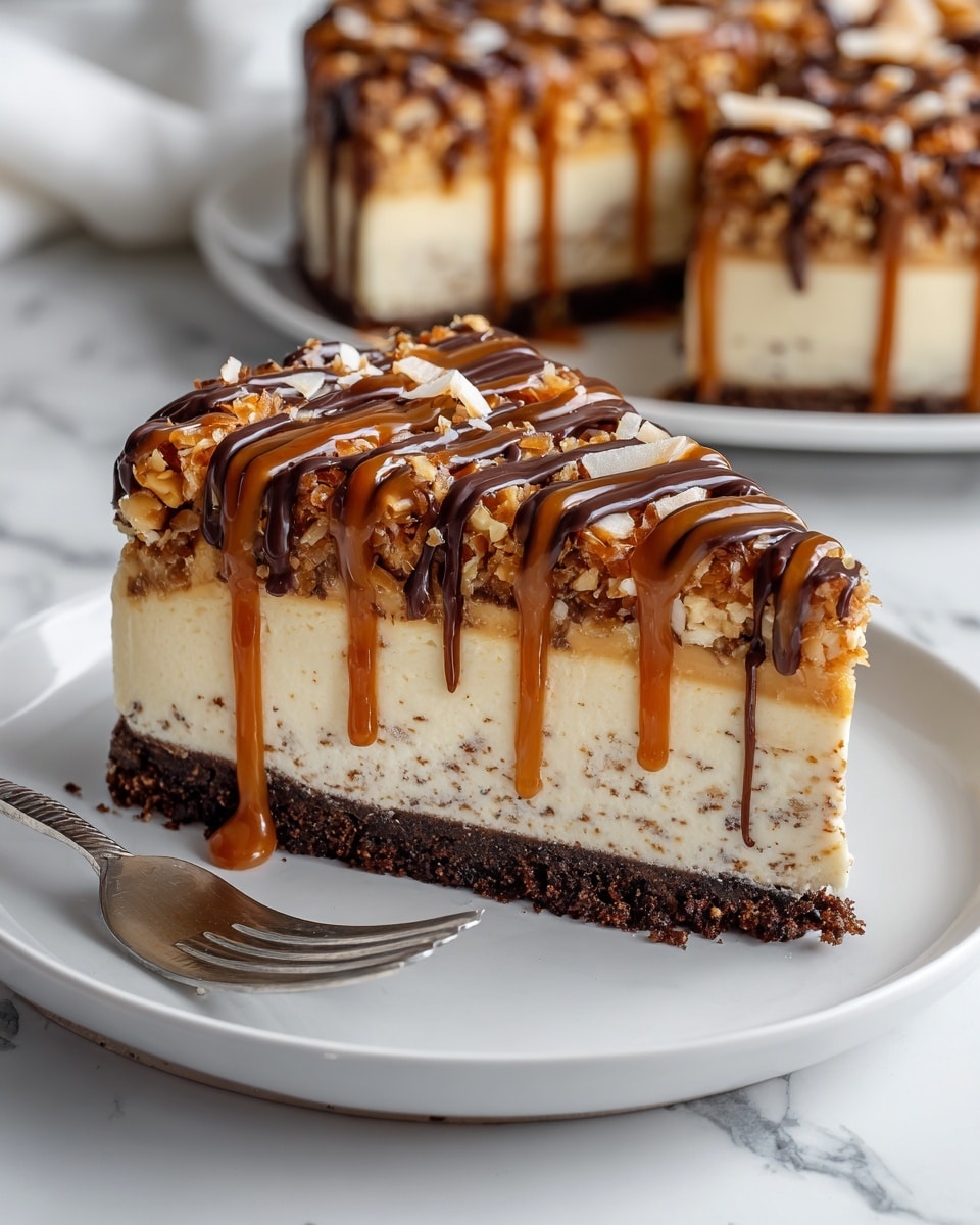The image shows a slice of Samoa cheesecake on a white plate with a silver fork beside it, placed on a white marbled surface. The cheesecake has three visible layers: a dark chocolate crumb crust at the bottom, a thick creamy off-white cheesecake middle layer with tiny dark specks, and a top layer of golden caramel-coated toasted coconut mixed with chopped nuts. The top of the cheesecake is decorated with drizzles of rich dark chocolate and smooth caramel sauce, creating alternating glossy lines across the topping. The background shows the remaining cheesecake on a white plate, highlighting the texture and layers clearly. Photo taken with an iphone --ar 4:5 --v 7