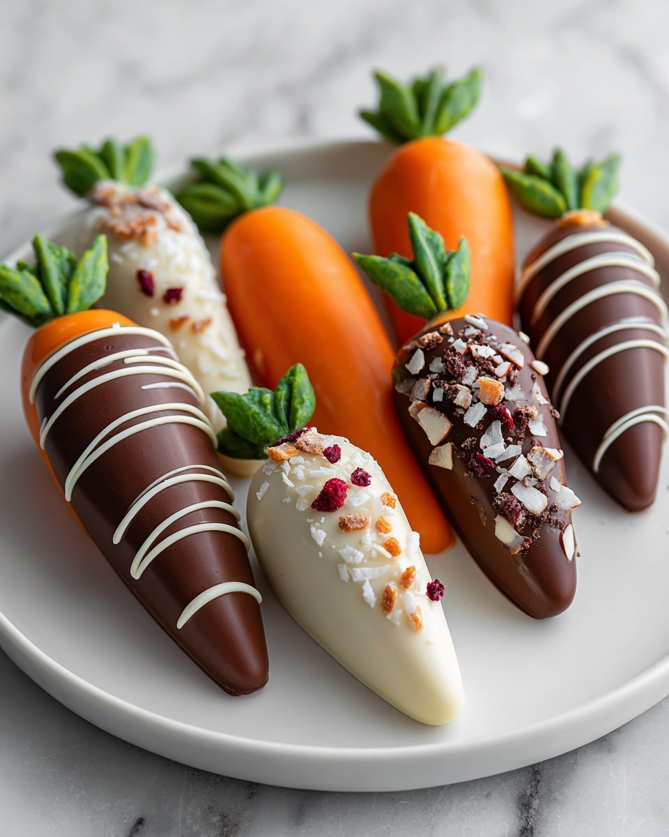 The image shows a white plate with five fresh orange baby carrots arranged close together. Each carrot is partly dipped in dark chocolate, covering about two-thirds of its length, and drizzled with white chocolate in thin lines that cross the dark chocolate area. Three of the carrots are topped with different crunchy toppings: one with shredded coconut, one with small red dried fruit pieces, and one with finely chopped nuts. The green leafy tops of the carrots are still attached and point outwards. The plate sits on a white marbled surface. photo taken with an iphone --ar 4:5 --v 7