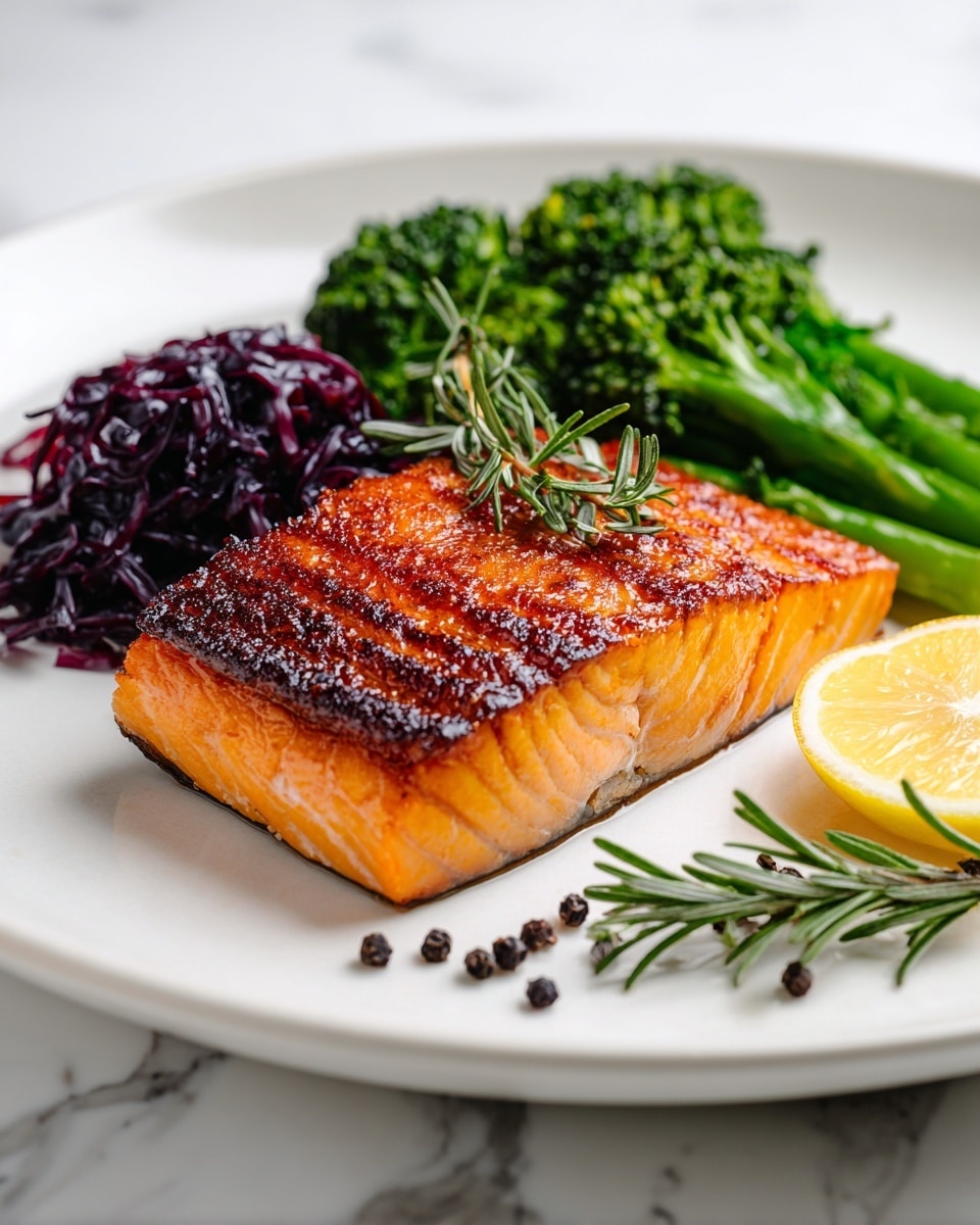 A thick, grilled salmon fillet with a crispy, dark brown crust and bright orange-pink interior sits in the center of a white plate. Behind it, vibrant green broccoli florets provide a fresh, textured background, along with a half lemon showing its yellow, juicy inside. To the left, small dark purple seaweed adds color contrast. A sprig of rosemary lays on the right side of the plate, and some black pepper and seasoning bits scatter around the salmon. The setting is on a white marbled surface with a blurred wooden bowl in the background containing lemon slices. Photo taken with an iphone --ar 4:5 --v 7