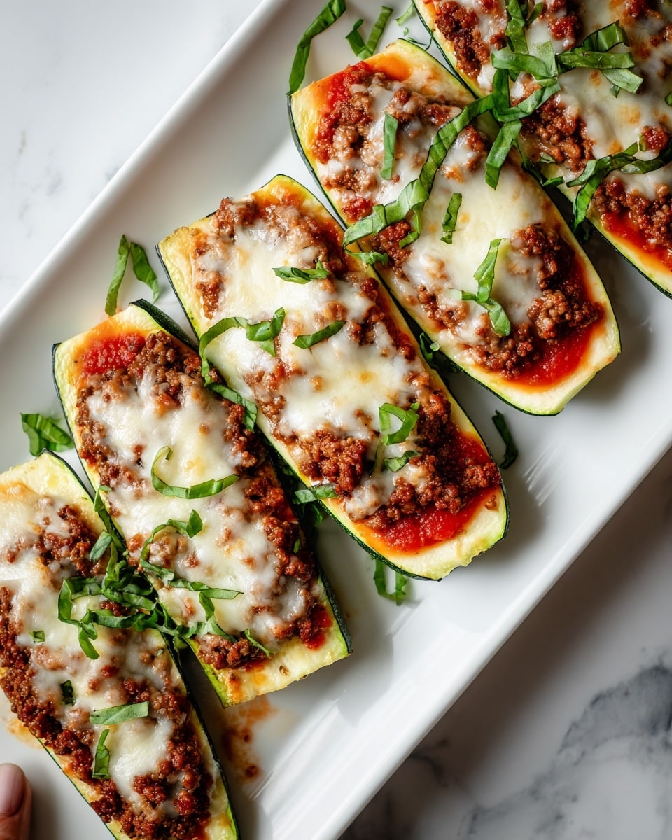 The image shows three zucchini boats, each cut in half lengthwise and filled with layers of bright red tomato sauce at the bottom, topped with dark brown cooked ground meat, and melted white cheese with a slightly golden touch over the meat. Fresh green torn basil leaves are scattered on top and around the zucchini boats, placed on a long white rectangular plate. The plate sits on a white marbled surface, with a small part of a woman's hand touching one of the zucchini boats on the side. Photo taken with an iphone --ar 4:5 --v 7