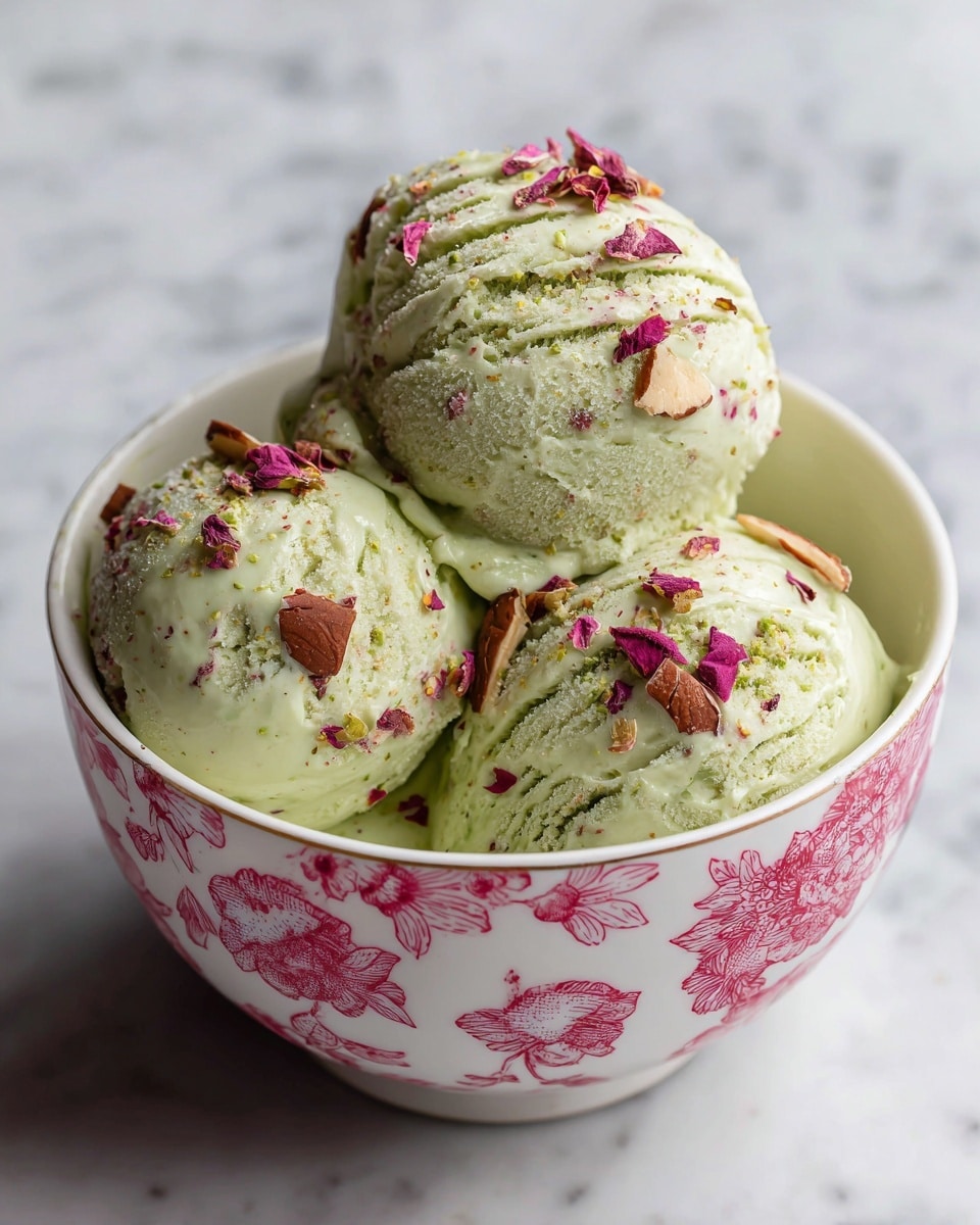A white bowl with pink and red flower patterns holds four large scoops of pale green ice cream. Each scoop has a smooth texture with slight ridges and is decorated with small pieces of brown nuts and tiny pink flower petals. The ice cream looks creamy and fresh, with a few droplets on the surface. The bowl sits on a white marbled texture surface. photo taken with an iphone --ar 4:5 --v 7