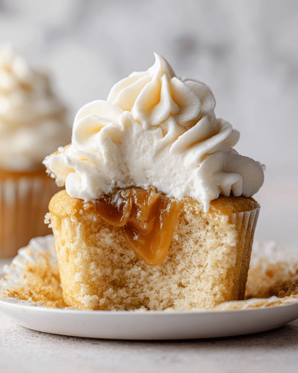 A close-up view of a vanilla cupcake with a bite taken out, revealing a creamy inside with a smooth, golden caramel center. The cupcake's soft, crumbly, light beige cake layer forms the base and surrounds the filling. On top, a thick swirl of white, fluffy whipped cream frosting sits in a pointed peak, adding a light and airy texture. The cupcake sits on a plain white plate with a subtle white marbled texture in the background. Photo taken with an iphone --ar 4:5 --v 7