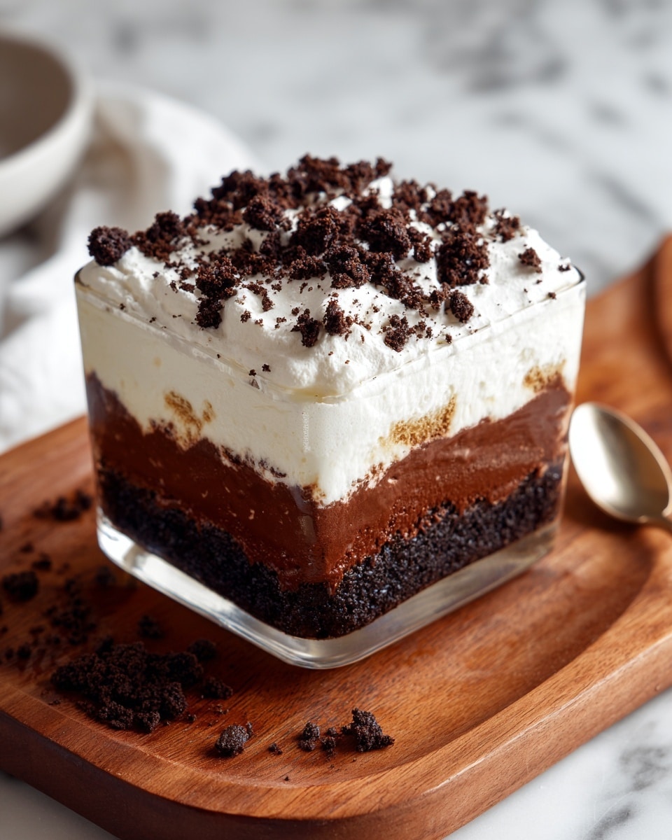 A glass dish sits on a wooden board, showing a dessert with four visible layers. The bottom layer is dark brown and crumbly, followed by a thick creamy white layer. Above that is a rich, smooth chocolate layer, and on top is a thick white whipped cream layer covered with scattered dark brown cookie crumbs. The setting includes a white marbled surface in the background. photo taken with an iphone --ar 4:5 --v 7