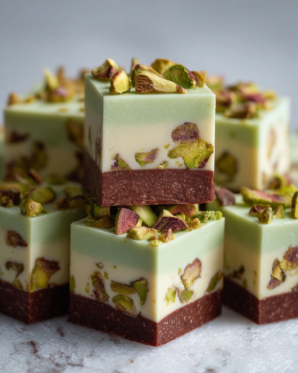 The image shows several square pieces of a two-layered dessert stacked closely together against a soft white marbled texture background. Each piece has a bottom layer of dark brown chocolate with a smooth texture and parts of green pistachio nuts embedded within it. Above this is a thicker, creamy light green layer, smooth and even, with a few bits of pistachio nuts scattered on top and inside. The squares have clean, sharp edges and appear dense yet soft. Photo taken with an iphone --ar 4:5 --v 7