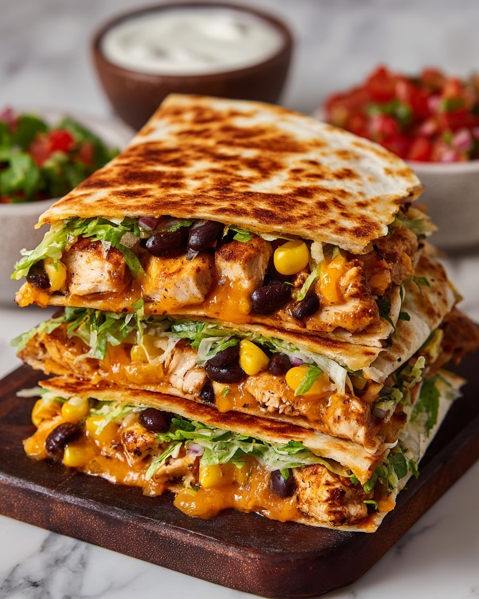 The image shows a stack of three quesadillas cut in half and placed on top of each other, revealing three main layers inside; the outer layer is a golden-brown grilled tortilla with a slightly crispy texture, the middle filling layer consists of chunky pieces of grilled chicken mixed with black beans and melted cheddar cheese, creating a gooey orange layer, and the inner layer is fresh green shredded lettuce with small pieces of red tomato and yellow corn scattered throughout. The quesadillas rest on a dark brown board placed on a white marbled surface. There are two small bowls nearby, one with fresh red and green salsa and another with a smooth white creamy sauce. Photo taken with an iphone --ar 4:5 --v 7