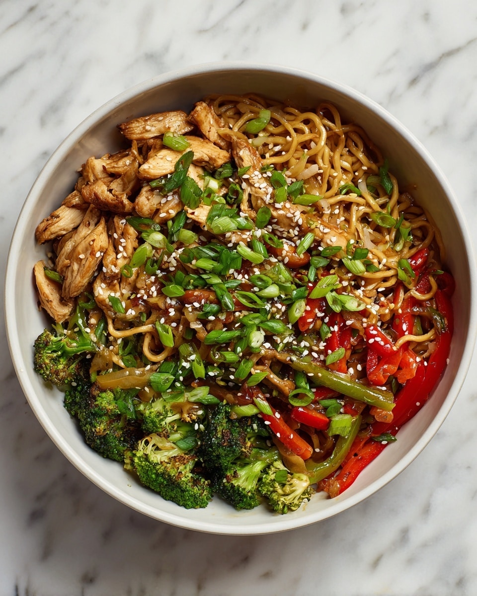 A bowl filled with three main layers of colorful food starts at the bottom with light brown stir-fried noodles mixed with small pieces of green broccoli and long, thin slices of bright red bell peppers. On top of the noodles, there are medium-sized pieces of cooked chicken, slightly browned and mixed with more vegetables, including snap peas and green onions. The top layer is sprinkled with white sesame seeds and finely chopped green onions, adding texture and contrast. The bowl itself is white, and it is placed on a white marbled surface. photo taken with an iphone --ar 4:5 --v 7