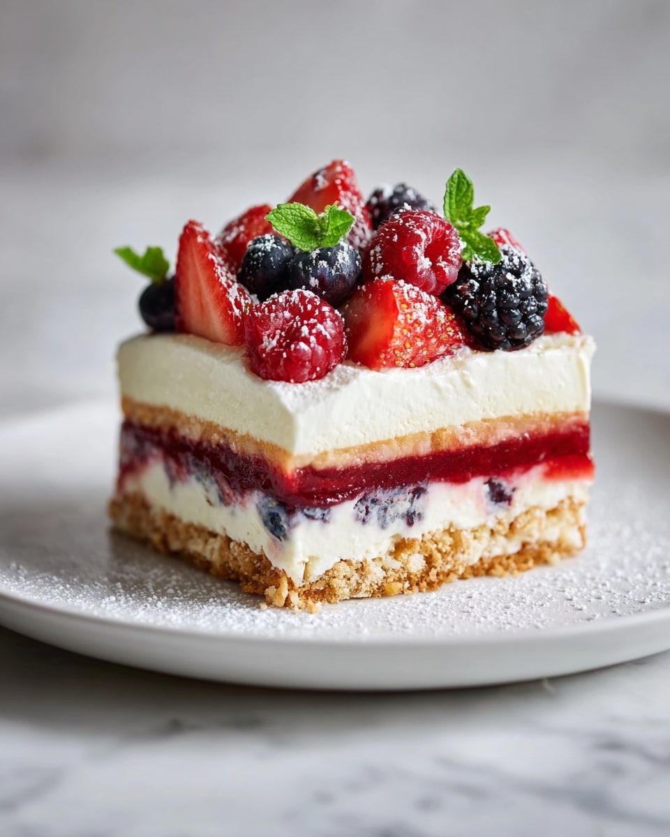 A square slice of layered berry dessert sits on a white plate, placed on a white marbled surface. The bottom layer is a golden-brown crumbly crust, followed by a thick white creamy layer with blueberries embedded inside. Above that is a thin crunchy biscuit layer, then a smooth white cream layer mixed with sliced strawberries and a red berry jelly. The top is a thick white cream layer adorned with fresh blueberries, raspberries, blackberries, and halved strawberries, dusted lightly with powdered sugar and garnished with small green mint leaves. photo taken with an iphone --ar 4:5 --v 7