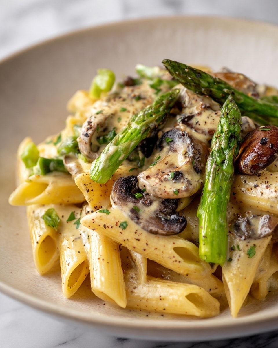 The image shows a close-up of creamy pasta with three layers visible. The bottom layer is penne pasta coated in smooth, light beige creamy sauce. On top, there are bright green asparagus pieces and slices of dark brown mushrooms scattered evenly. The creamy sauce looks thick and rich, covering the pasta and vegetables lightly. The dish is set on a white marbled background. photo taken with an iphone --ar 4:5 --v 7