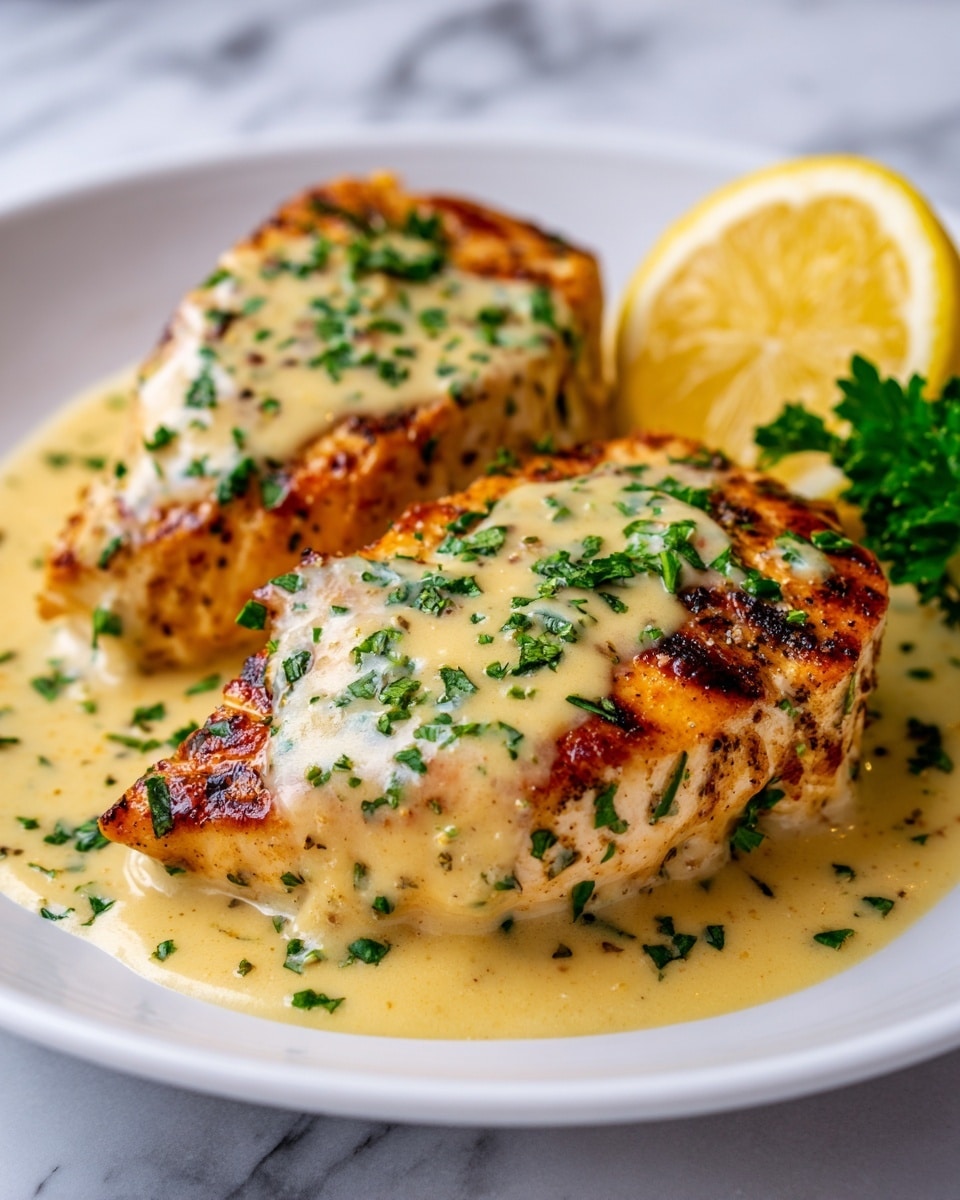 The image shows two pieces of golden brown grilled chicken breast placed on a white plate. The chicken is covered with a light yellow creamy sauce that has a smooth texture, with some bright green chopped parsley sprinkled on top. To the right side of the chicken, there is a lemon half, adding a fresh yellow and green color contrast. The whole dish is set on a white marbled surface. Photo taken with an iphone --ar 4:5 --v 7