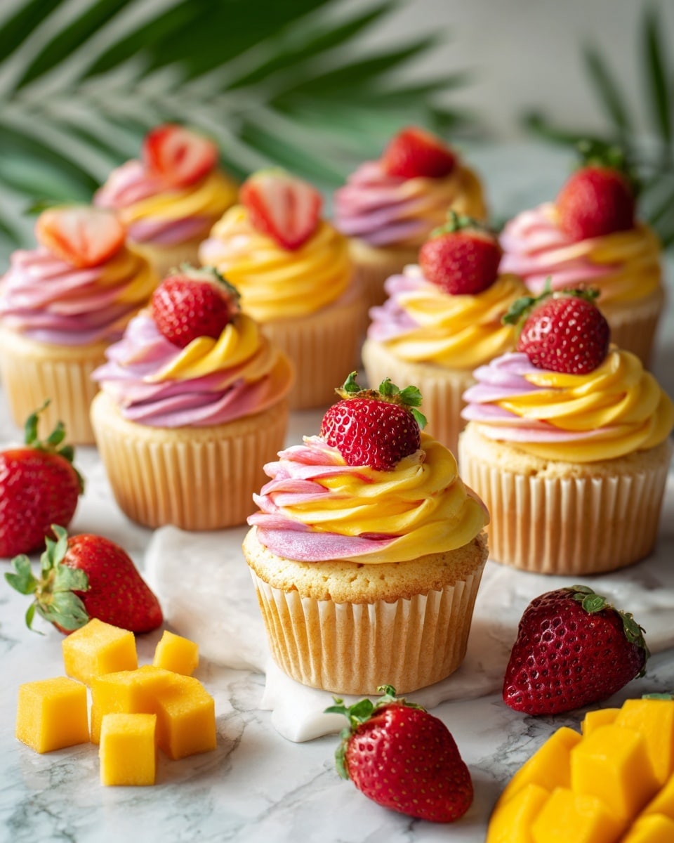 Eight cupcakes with two-color swirled frosting in bright yellow and pink shades, each topped with a halved fresh red strawberry. The cupcakes have a light golden cake base wrapped in golden yellow liners. Around the cupcakes are fresh whole and halved strawberries, along with diced bright orange mango cubes. The setup is on a white marbled surface with soft lighting and some blurred green leaves in the background creating a fresh, summery feel. photo taken with an iphone --ar 4:5 --v 7
