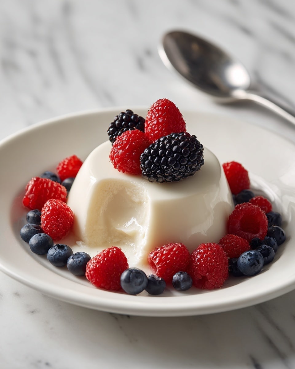 A smooth, creamy dome-shaped white panna cotta sits in the center of a white plate, with a bite taken out of one side showing its silky texture inside. On top of the panna cotta, there are several fresh red raspberries and black blackberries clustered together. Around the base, a ring of plump, shiny blue blueberries and bright red raspberries surrounds the dessert, adding vibrant colors and freshness. In the background, the plate rests on a white marbled surface, and a silver spoon is placed to the side. photo taken with an iphone --ar 4:5 --v 7