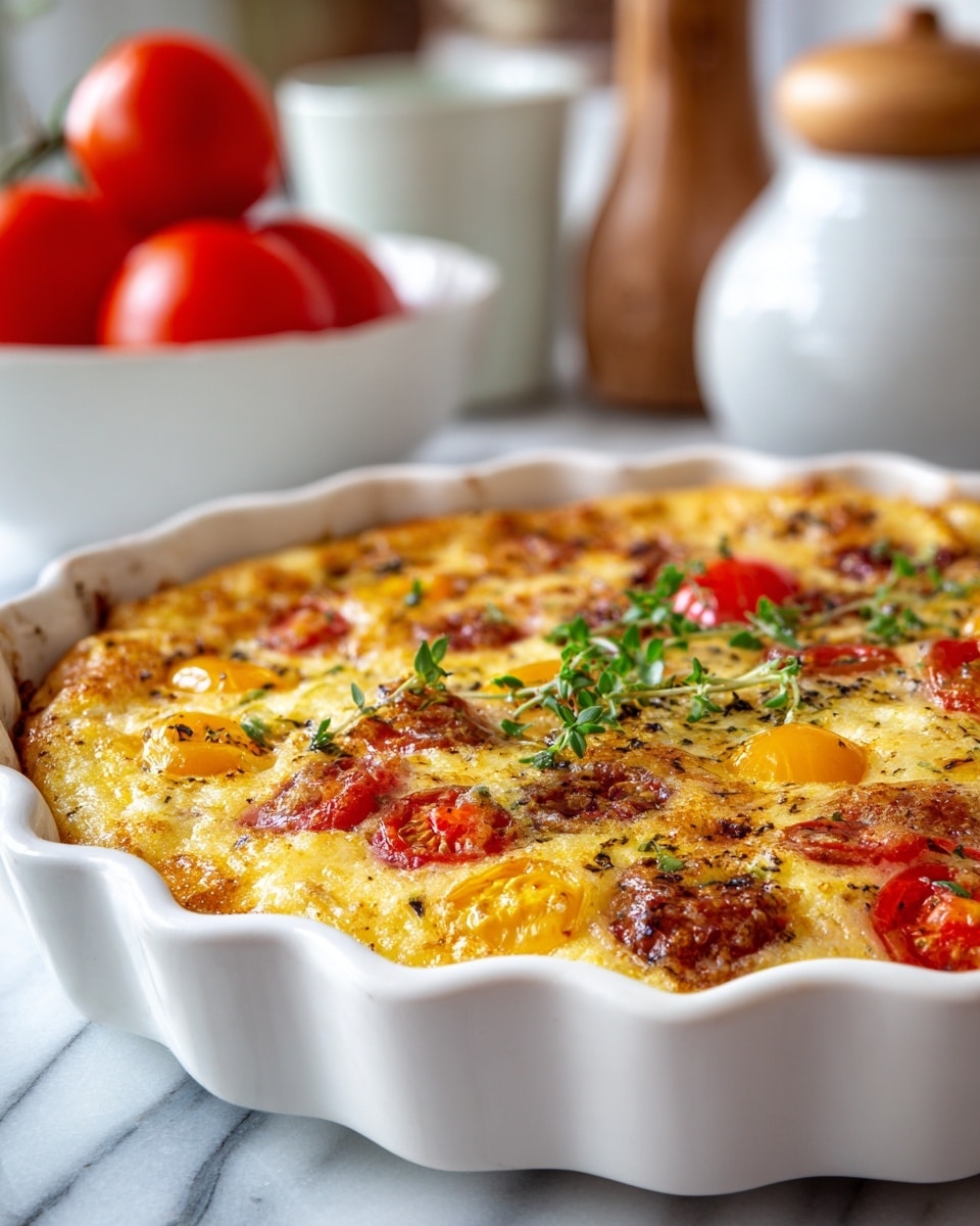 The dish is a baked frittata in a white scalloped-edge round pie dish. It shows a golden brown top with a slightly crispy texture and a mix of vibrant cherry tomatoes, both red and yellow, scattered throughout. The interior reveals a soft, fluffy texture with visible bits of herbs and ingredients like onions. Fresh green herb sprigs are placed on top as garnish. The background is a white marbled texture with blurred kitchen items like a white bowl holding two red tomatoes and a ceramic container with a wooden lid. photo taken with an iphone --ar 4:5 --v 7