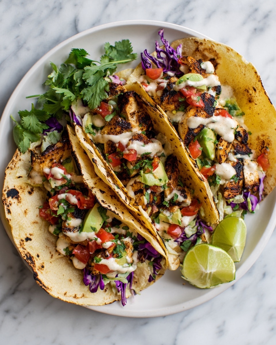 Three grilled chicken tacos are placed side by side on a white plate over a white marbled surface. Each taco has a soft, light yellow corn tortilla with slight char marks. The first layer inside the tortillas is chopped purple cabbage, followed by golden-brown grilled chicken pieces with dark char spots. On top of the chicken, bright red diced tomatoes and green chunks of avocado are added. Fresh green cilantro leaves are scattered inside and around the tacos. A light cream-colored sauce is drizzled across the top of all the layers, creating a creamy texture contrast. A lime wedge and some cilantro sprigs are placed beside the tacos for garnish. Photo taken with an iphone --ar 4:5 --v 7