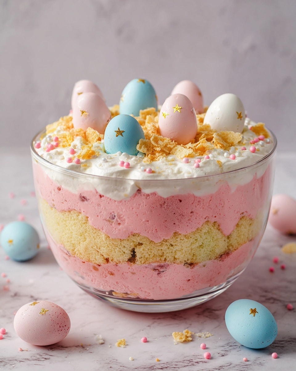 A clear glass bowl holds a three-layer dessert on a white marbled surface. The bottom layer is light yellow and crumbly, resembling cake or biscuit crumbs. Above it is a thick, fluffy pink cream layer that looks smooth but slightly porous. On top of the pink layer is a white whipped cream or mousse layer, soft and slightly uneven. The dessert is decorated with pastel-colored egg-shaped candies in pink, blue with gold star details, and white, standing upright. There are also light yellow cornflake-like pieces scattered among the candies and small pink sprinkle dots lightly scattered on the whipped cream. Photo taken with an iphone --ar 4:5 --v 7