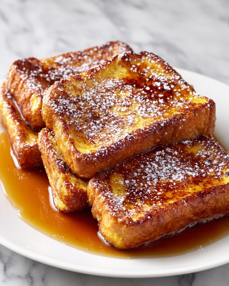 The image shows four thick pieces of golden-brown French toast arranged closely on a white plate, each piece with crispy, slightly caramelized edges and soft centers. The French toast is covered with a light dusting of fine powdered sugar and cinnamon, adding a speckled texture on top. A rich, dark amber syrup pools around the base of the toast, creating a shiny, smooth layer that contrasts with the soft and crispy toast above. The white plate rests on a white marbled surface. photo taken with an iphone --ar 4:5 --v 7