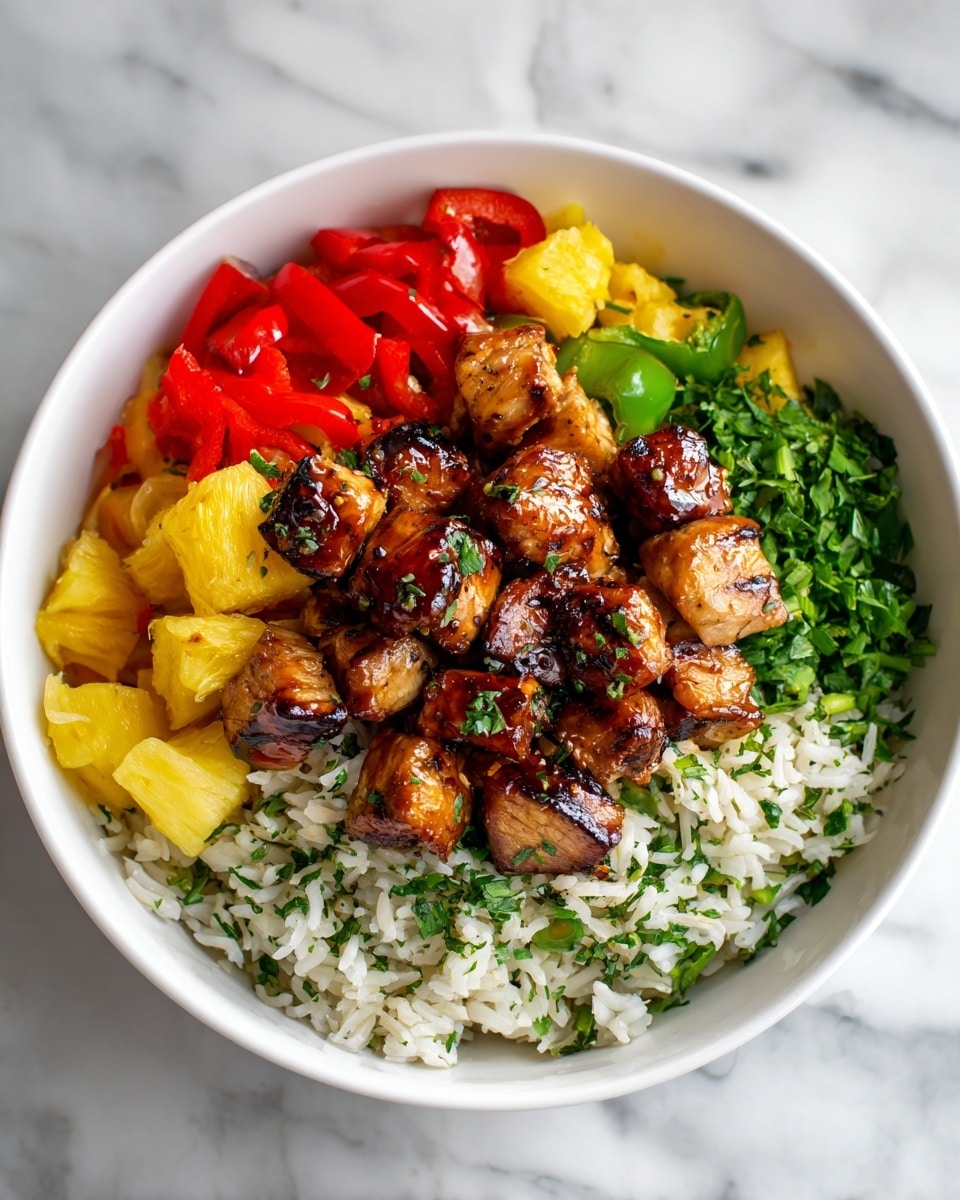A white bowl filled with a colorful dish consisting of four layers. At the bottom is a bed of white rice mixed with green herbs, giving a fresh look. On top, there are small, browned grilled chicken cubes with a shiny glaze, arranged neatly in the center. To the left, there are bright red bell pepper pieces, and to the right, golden yellow pineapple chunks. Behind the chicken, there are green bell pepper pieces adding more color contrast. The bowl sits on a white marbled surface. Photo taken with an iphone --ar 4:5 --v 7