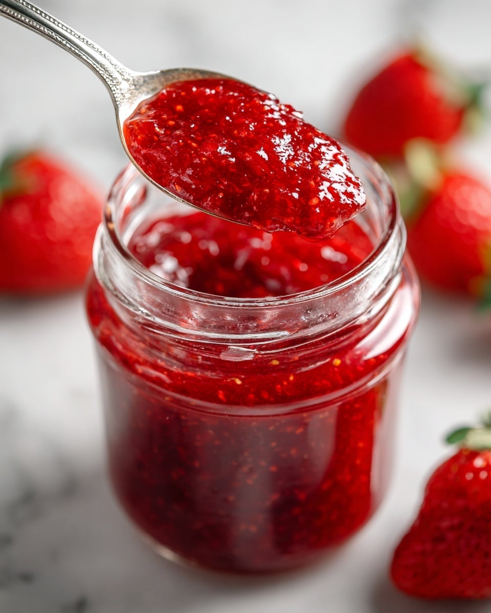 A clear glass jar filled with bright red strawberry jam showing a thick, slightly chunky texture. A silver spoon lifts a spoonful of the jam, displaying its rich, glossy and smooth surface with visible strawberry bits. In the background, blurred red strawberries rest on a white marbled surface, adding a fresh and natural touch to the image. Photo taken with an iphone --ar 4:5 --v 7