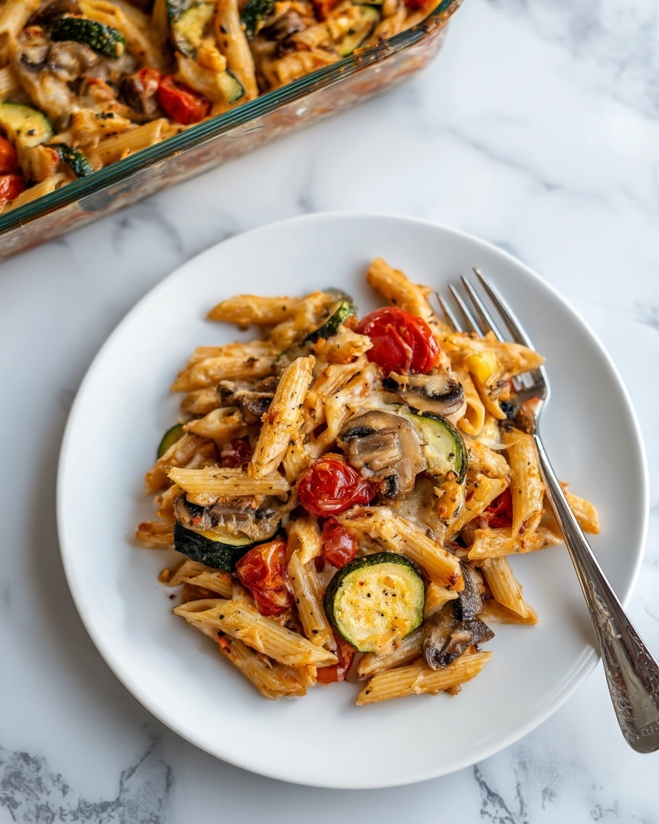 The image shows a white plate filled with baked pasta, made of penne noodles mixed with grilled vegetables like zucchini slices, cherry tomatoes, and mushrooms. The pasta is coated in a light orange-brown sauce, and there are some melted cheese pieces sprinkled throughout the dish. A fork is placed on the right side of the plate, resting on the edge. In the background, a glass baking dish with more of the pasta is partially visible, both set on a white marbled surface. photo taken with an iphone --ar 4:5 --v 7